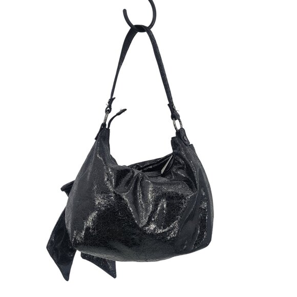 Simply Vera Liquid Black Bow Shoulder Bag Vegan Faux Leather Artsy‎ Biker Goth - Picture 6 of 14